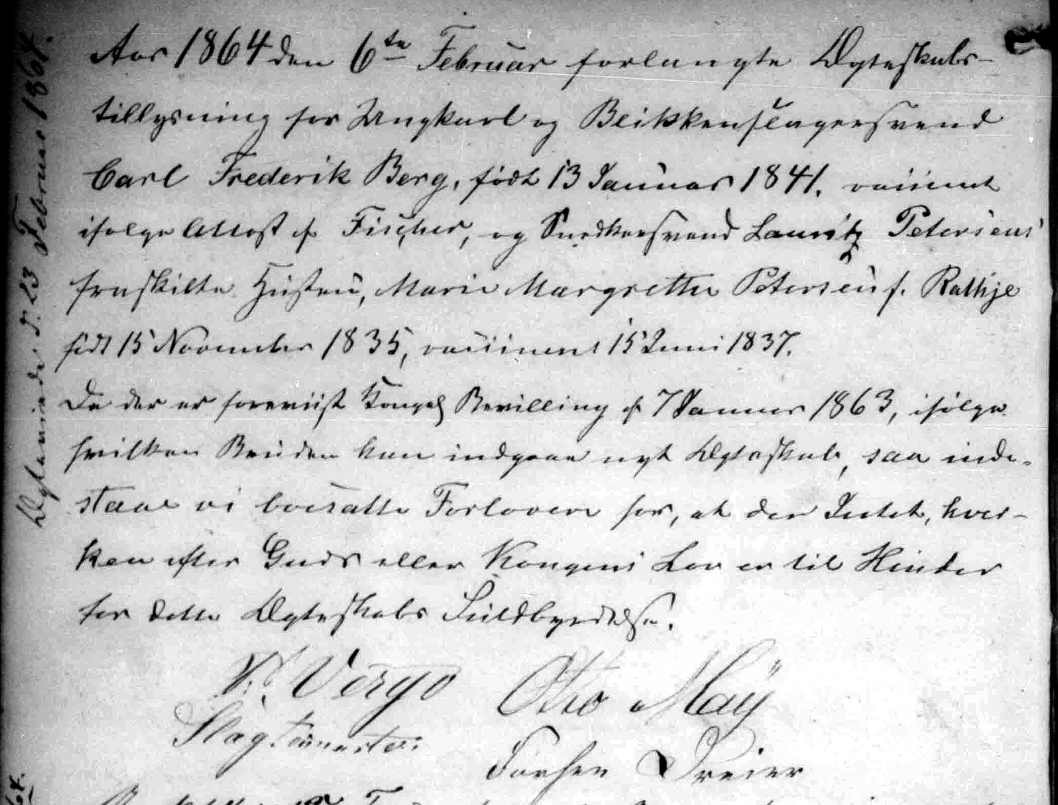 Udsnit af kirkebog, Trolovelse af  Carl Frederik Berg og Marie Margrethe Rathje